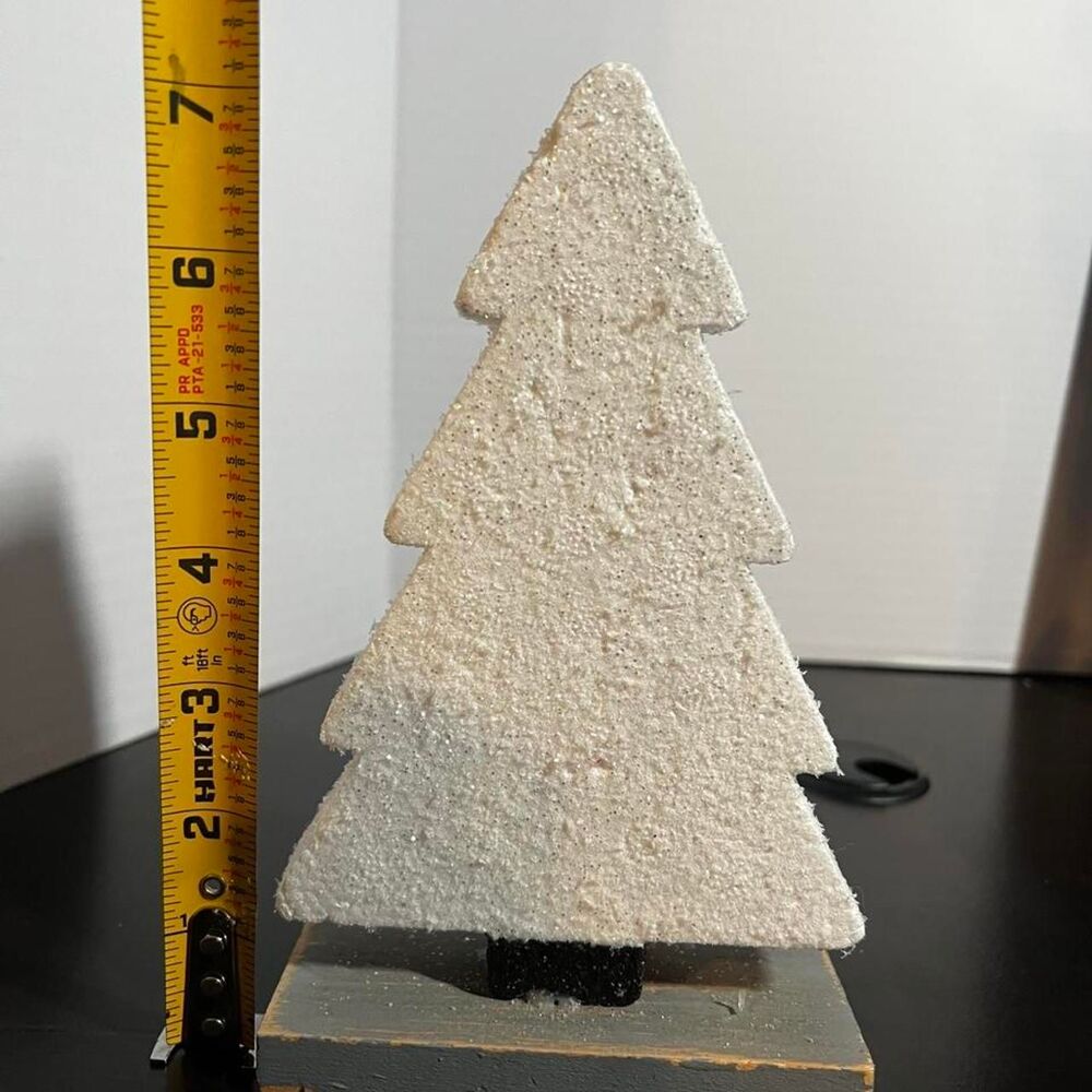 Sparkly White Foam Christmas Tree Stand Up Tabletop Decoration Rustic Wood Base